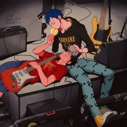 Rule 34 | 2boys, amplifier, bite mark, bite mark on neck, black hoodie, blue hair, cable, can, chest tattoo, cigarette, closed eyes, closed mouth, demorzel, denim, earrings, electric guitar, extension cord, facial hair, fire, goatee, guitar, hand tattoo, holding, holding can, holding instrument, hood, hoodie, instrument, jeans, jewelry, lighting cigarette, looking at another, lying, male focus, mixed-language commentary, monkey d. luffy, multiple boys, nirvana (band), on back, one piece, pants, red shirt, shirt, shoes, short hair, shorts, sitting, smile, sneakers, sticker, tattoo, trafalgar law, yaoi