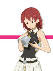 Rule 34 | 00s, 1girl, armor, bare shoulders, belt, blush, breast conscious, breast hold, breast lift, breastplate, breasts, cecily cambell, hamao, leotard, red eyes, red hair, seiken no blacksmith, short hair, simple background, solo, sweatdrop