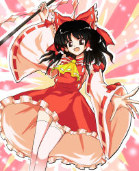 Rule 34 | 1girl, absurdres, alphes (style), ascot, black hair, bow, brown eyes, collared dress, commentary request, dress, frilled bow, frilled dress, frilled hair tubes, frills, gohei, hair bow, hair tubes, hakurei reimu, highres, holding, kazakome, long sleeves, medium hair, nontraditional miko, open mouth, parody, red bow, red dress, red ribbon, ribbon, ribbon-trimmed sleeves, ribbon trim, solo, style parody, touhou, wide sleeves, yellow ascot