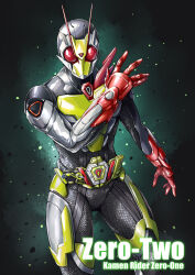 Rule 34 | 1boy, absurdres, armor, character name, commentary request, driver (kamen rider), fish.boy, full body, glowing, glowing eyes, highres, kamen rider, kamen rider 01 (series), kamen rider zero-two, looking at viewer, male focus, open hands, red eyes, rising hopper, scarf, solo, tokusatsu, zero two driver