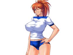 Rule 34 | 1girl, arms up, bikini, black bikini, breasts, buruma, cara the blood lord, covered erect nipples, denim, grin, groin, gym uniform, hand on own hip, jeans, kamimura azuma, large breasts, lilith-soft, long hair, looking at viewer, one eye closed, open clothes, open shirt, orange hair, pants, purple eyes, shirt, smile, solo, swimsuit, third-party edit