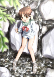 Rule 34 | 00s, 1girl, barefoot, brown eyes, brown hair, flat chest, hirasawa ui, k-on!, looking at viewer, looking up, nature, no pants, ogata, one-piece swimsuit, open mouth, ponytail, river, rock, school swimsuit, school uniform, serafuku, short hair, smile, solo, swimsuit, swimsuit under clothes, wading, water