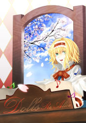 Rule 34 | 1girl, alice margatroid, bad id, bad pixiv id, blonde hair, cherry blossoms, cloud, english text, female focus, green hair, headband, indoors, kazabosi, musical note, open mouth, petals, plant, short hair, sky, smile, solo, touhou, tree, upper body, window