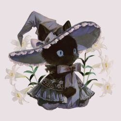 absurdres animal_focus black_cat black_dress black_fur black_hat blue_eyes bow bowtie cat closed_mouth dress flower hat hat_bow highres leaf no_humans original simple_background solo tono_(rt0no) white_background white_bow white_bowtie white_flower witch_hat