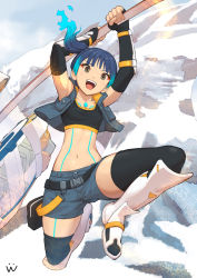 Rule 34 | 1girl, blue hair, brown eyes, chest jewel, fiery hair, flat chest, glowing lines, hammer, holding, holding hammer, holding weapon, leggings, sena (xenoblade), shoulder strap, solo, sports bra, weapon, xenoblade chronicles (series), xenoblade chronicles 3