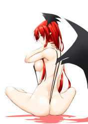 Rule 34 | 1girl, ass, bat wings, breasts, female focus, from behind, head wings, highres, koakuma, large breasts, long hair, looking back, niwatazumi, pointy ears, profile, red eyes, red hair, sideboob, simple background, sitting, slingshot swimsuit, solo, swimsuit, touhou, very long hair, white background, wings