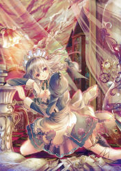 Rule 34 | 1girl, apron, book, braid, breasts, chair, choker, cleavage, dress, female focus, flower, frills, gears, grey hair, hair ribbon, holster, izayoi sakuya, knife, ks g, lamp, large breasts, maid, maid apron, maid headdress, pleated skirt, pocket watch, purple eyes, quill, ribbon, rose, scarlet devil mansion, skirt, solo, thigh holster, thigh strap, touhou, twin braids, watch