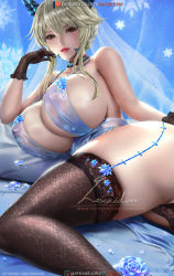 Rule 34 | 1girl, artoria pendragon (fate), artoria pendragon (lancer alter) (fate), artoria pendragon (lancer alter) (royal icing) (fate), bare shoulders, black gloves, blonde hair, breasts, brown eyes, cleavage, covered erect nipples, curvy, dutch angle, fate/grand order, fate (series), flower, gloves, horns, huge breasts, lace, lace-trimmed legwear, lace trim, lexaiduer, lying, no bra, on side, parted lips, red lips, revealing clothes, see-through, sideboob, skindentation, solo, tagme, thick thighs, thighs