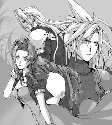 Rule 34 | 1girl, 2boys, aerith gainsborough, armor, bracelet, braid, breasts, buttons, choker, cleavage, cloud strife, cropped jacket, curly hair, dress, final fantasy, final fantasy vii, final fantasy vii remake, garakuta (chika), greyscale, jewelry, long coat, long dress, long hair, monochrome, multiple boys, necklace, popo (popochan-f), puffy sleeves, ribbon, sephiroth, shoulder armor, spiked hair, square enix, straight hair, suspenders, turtleneck