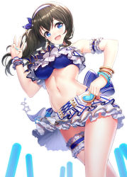 Rule 34 | 1girl, :d, bangle, bare shoulders, blue bow, blue eyes, blue nails, blue ribbon, blush, bow, bracelet, breasts, brown hair, collarbone, commentary request, crop top, fingernails, glowstick, hair ribbon, hairband, hand on own hip, hand up, heart, highres, idolmaster, idolmaster cinderella girls, idolmaster cinderella girls starlight stage, jewelry, large breasts, long hair, looking at viewer, nail polish, one side up, open mouth, pleated skirt, ribbon, ririko (zhuoyandesailaer), sagisawa fumika, simple background, single wrist cuff, skirt, smile, solo, star (symbol), w, white background, white hairband, white skirt, wrist cuffs