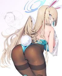 Rule 34 | 1girl, adjusting hair, animal ears, doodle sensei (blue archive), ass, asuna (blue archive), asuna (bunny) (blue archive), bare shoulders, blue archive, blue eyes, blue leotard, breasts, brown pantyhose, gloves, halo, highres, holding, holding hair, kneeling, large breasts, leaning forward, leotard, looking at viewer, looking back, pantyhose, playboy bunny, rabbit ears, rabbit tail, sensei (blue archive), simple background, smile, solo, tail, towel, waterswing, white background