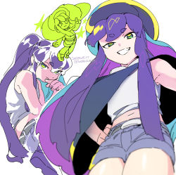 Rule 34 | 1girl, cape, copyright request, cowboy shot, dated, green eyes, grey shorts, hands on own chest, hat, highres, long hair, looking at viewer, luo xiaohei zhanji, midriff, multiple views, navel, parted lips, ponytail, purple hair, shirt, shorts, sleeveless, sleeveless shirt, smile, twitter username, vox, white background, white shirt