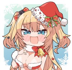 Rule 34 | 1girl, akai haato, bell, blonde hair, blue eyes, bow, breasts, clothing request, fur-trimmed headwear, fur trim, hair bow, hair ornament, hand on own chest, hat, heart, heart hair ornament, highres, hololive, jingle bell, kukie-nyan, large breasts, long hair, looking at viewer, open mouth, red bow, santa hat, smile, solo, two side up, virtual youtuber