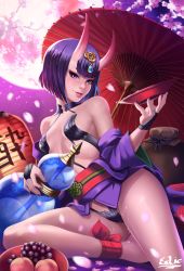 Rule 34 | 1girl, ankle ribbon, bare shoulders, bob cut, breasts, cherry blossoms, cup, exlic, eyeliner, eyeshadow, fate/grand order, fate (series), gourd, headpiece, highres, horns, japanese clothes, kimono, leg ribbon, makeup, moon, night, night sky, obi, off shoulder, oil-paper umbrella, oni, open clothes, open kimono, outdoors, purple eyes, purple hair, purple kimono, red ribbon, red umbrella, revealing clothes, ribbon, sakazuki, sash, short eyebrows, short hair, shuten douji (fate), skin-covered horns, sky, small breasts, solo, umbrella