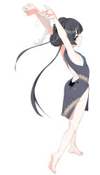 1girl absurdres armpits arms_up barefoot black_dress blue_archive breasts china_dress chinese_clothes double_bun dragon_print dress full_body grey_eyes grey_halo hair_bun halo highres isocha kisaki_(blue_archive) long_hair looking_at_viewer simple_background small_breasts solo standing thighs toes twintails white_background