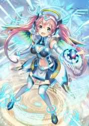 Rule 34 | 10s, 1girl, :d, ange vierge, blue eyes, blush, breasts, cleavage, cleavage cutout, clothing cutout, elbow gloves, flying, gloves, halo, highres, large breasts, laser, long hair, looking at viewer, mechanical halo, mechanical wings, midriff, navel, navel cutout, open mouth, original, pink hair, poshii (posy), smile, solo, thighhighs, twintails, wings