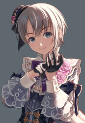 Rule 34 | 1girl, black corset, black eyes, blush, brooch, closed mouth, corsage, corset, dress, earrings, flower, gloves, gradient background, grey background, grey hair, half gloves, hat, highres, idolmaster, idolmaster cinderella girls, idolmaster cinderella girls starlight stage, jewelry, lace, layered dress, long sleeves, looking at viewer, mini hat, nekopuchi, otokura yuuki, pink flower, pink rose, ribbon, rose, short hair, simple background, smile, solo