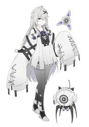 Rule 34 | 1girl, 1other, absurdres, ahoge, aurilia (user 8748), bandage over one eye, chest protector, detached sleeves, dress, drone, full body, grey dress, grey eyes, grey hair, grey pantyhose, grey sleeves, hair between eyes, hair ornament, hair over shoulder, highres, long hair, looking at viewer, messy hair, no.21&#039;s buddy (punishing: gray raven), no.21: xxi (punishing: gray raven), no.21 (punishing: gray raven), non-humanoid robot, one-eyed, pale skin, pantyhose, parted lips, punishing: gray raven, radio antenna, robot, short dress, sidelocks, sleeves past fingers, sleeves past wrists, suspenders, torn clothes, torn pantyhose, unkempt, very long hair, white background, x hair ornament