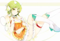Rule 34 | 1girl, bare shoulders, boots, detached collar, green eyes, green hair, gumi, hair ornament, headset, jewelry, knee boots, lpip, matching hair/eyes, necklace, orange shirt, shirt, short hair, simple background, skirt, smile, solo, thigh strap, vocaloid, white footwear, wrist cuffs