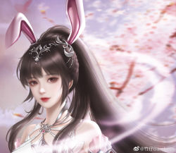 Rule 34 | 1girl, absurdres, animal ears, blurry, blurry background, braid, branch, brown hair, cherry blossoms, closed mouth, collar, douluo dalu, dress, hair ornament, highres, long hair, metal collar, pink dress, ponytail, rabbit ears, smile, solo, upper body, wind, xiao wu (douluo dalu), zhu zai bamboos