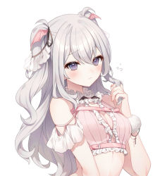 Rule 34 | 1girl, a20 (atsumaru), bare shoulders, belt, breasts, cleavage, closed mouth, crop top, frilled shirt, frills, frown, hair ornament, hand up, holding, holding own hair, indie virtual youtuber, long hair, looking at viewer, midriff, pink shirt, purple hair, shirt, silver hair, simple background, sleeveless, sleeveless shirt, small breasts, solo, two side up, upper body, virtual youtuber, wavy hair, white background