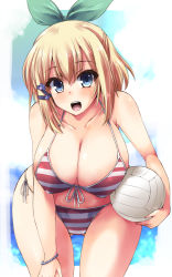 Rule 34 | 1girl, ball, bead bracelet, beads, bikini, blonde hair, blue eyes, border, bracelet, breasts, cleavage, clip studio paint (medium), collarbone, commentary request, covered erect nipples, eyes visible through hair, front-tie bikini top, front-tie top, gluteal fold, hair ribbon, highres, jewelry, large breasts, leaning forward, looking at viewer, navel, open mouth, ribbon, rokudenashi majutsu koushi to akashic record, rumia tingel, shinshin, solo, striped bikini, striped clothes, swimsuit, teeth, tress ribbon, volleyball, volleyball (object), wet
