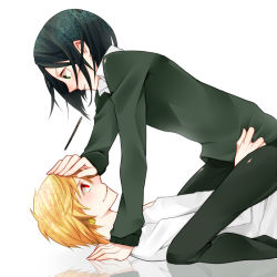 Rule 34 | 2boys, black hair, blonde hair, bob cut, earrings, fate/stay night, fate/zero, fate (series), food, gilgamesh (fate), green eyes, haine (howling), jewelry, male focus, multiple boys, on floor, pedo smile, pocky, red eyes, simple background, sitting, sitting on person, smile, waver velvet, white background, yaoi