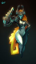 Rule 34 | 1girl, arm cannon, armor, black skin, bodypaint, breasts, colored skin, commentary, covered face, curvy, danderfull, english commentary, fake horns, floating, fusion, grey skin, hand on own hip, helmet, highres, horned helmet, horns, long hair, medium breasts, metroid, midna, navel, neon trim, nintendo, orange hair, painted clothes, pauldrons, samus aran, shoulder armor, single pauldron, solo, the legend of zelda, the legend of zelda: twilight princess, thick thighs, thighs, very long hair, weapon