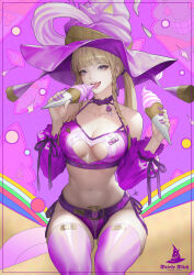 Rule 34 | 1girl, absurdres, blunt bangs, braid, breasts, camisole, clothing cutout, collarbone, daeho cha, detached sleeves, food, frills, gathers, gluteal fold, halterneck, hat, heart cutout, highres, holding, holding food, holding ice cream, ice cream, ice cream cone, light brown hair, long hair, looking at viewer, medium breasts, navel, original, panties, puffy sleeves, purple camisole, purple eyes, purple hat, purple nails, purple panties, purple ribbon, purple theme, purple thighhighs, ribbon, solo, spaghetti strap, teeth, thighhighs, tongue, twin braids, twintails, underwear, underwear only, upper teeth only, witch, witch hat