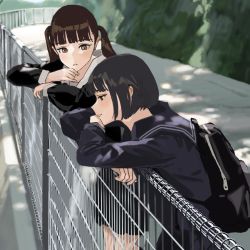 Rule 34 | 2girls, against railing, backpack, bad id, bad pixiv id, bag, black eyes, black hair, black shirt, black skirt, blouse, blue sailor collar, blue serafuku, blue shirt, blurry, brown eyes, brown hair, collar, crossed arms, depth of field, fence, hand on own chin, highres, hiramedousa, against railing, looking at another, multiple girls, open mouth, original, outdoors, profile, railing, sailor collar, school uniform, serafuku, shade, shirt, short hair, skirt, twintails, white collar