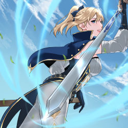 Rule 34 | 1girl, blonde hair, blue capelet, blue eyes, blue gloves, blue sky, bow, capelet, cloud, coattails, falling leaves, genshin impact, gloves, hair bow, hair ribbon, hievasp, highres, holding, holding sword, holding weapon, jean (genshin impact), leaf, looking to the side, multicolored capelet, pants, parted lips, ponytail, ribbon, sheath, sky, solo, sword, tight clothes, tight pants, weapon, white pants, wind, wind lift