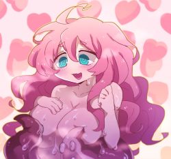 Rule 34 | 1girl, :d, @ @, ahoge, aqua eyes, blush, breasts, chiimako, cleavage, commentary request, covering nipples, covering privates, hair between eyes, heart, ishuzoku reviewers, large breasts, long hair, messy hair, monster girl, no nose, nude, okpa, open mouth, scylla, smile, solo, steam, suction cups, tentacles, wet