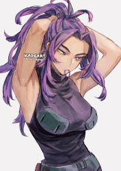 Rule 34 | 1girl, adjusting hair, armpits, arms behind head, artist name, belt, boku no hero academia, breasts, cleavage, closed mouth, commentary request, forehead, hair tie in mouth, kadeart, lady nagant, large breasts, looking to the side, mouth hold, purple eyes, purple hair, simple background, sleeveless, solo, upper body, white background