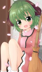 Rule 34 | 1girl, :3, :d, absurdres, against wall, animal ears, arm rest, blurry, blush, broom, chinoru, commentary, commentary request, depth of field, dress, eyes visible through hair, fang, feet out of frame, green hair, hair between eyes, head tilt, highres, kasodani kyouko, looking at viewer, open mouth, petals, petticoat, pink dress, short hair, sitting, smile, solo, symbol-only commentary, touhou, white legwear