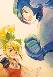Rule 34 | 1boy, 1girl, bare arms, blonde hair, blue eyes, blue gloves, bow, clenched hand, gloves, green bow, green eyes, hair bow, hair ornament, helmet, high ponytail, highres, hood, hood down, hoodie, mota cocotei, open mouth, outstretched arms, ponytail, mega man (series), mega man (character), mega man (classic), mega man 11, roll (mega man), sidelocks, smile, teeth, traditional media, zipper pull tab