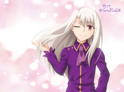 Rule 34 | 1girl, ;d, anime coloring, ascot, asymmetrical bangs, closed mouth, dress shirt, fate/stay night, fate (series), floating hair, gyatto624, hair between eyes, hair tubes, hand in own hair, illyasviel von einzbern, long eyelashes, long hair, long sleeves, looking at viewer, one eye closed, open mouth, pink background, pink shirt, purple ascot, purple shirt, red eyes, shirt, silver hair, smile, solo, standing, twitter username, upper body, very long hair