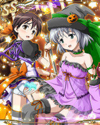 Rule 34 | 2girls, artist request, blush, bow, breasts, brown hair, candle, chandelier, collarbone, from behind, garter straps, gertrud barkhorn, grey hair, hat, holding, jack-o&#039;-lantern, juliet sleeves, legs apart, light, long sleeves, multiple girls, official art, open mouth, orange bow, orange ribbon, panties, puffy sleeves, ribbon, sanya v. litvyak, short hair, short sleeves, strike witches, striped clothes, striped legwear, striped thighhighs, thighhighs, underwear, white panties, world witches series, wrist ribbon