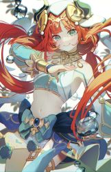 Rule 34 | 1girl, aqua eyes, arm up, blunt bangs, blurry, breasts, chromatic aberration, closed mouth, cowboy shot, depth of field, floating hair, genshin impact, gold trim, highres, jewelry, light blush, long hair, looking at viewer, midriff, navel, nilou (genshin impact), simple background, small breasts, smile, solo, syuri22, very long hair, white background