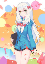 Rule 34 | 10s, 1girl, absurdres, aged up, blue eyes, bottomless, bow, circle, cowboy shot, cube, drawing tablet, eromanga sensei, green jacket, hair between eyes, hair bow, highres, holding, holding pen, hood, hooded jacket, izumi sagiri, jacket, long hair, looking at viewer, multicolored background, multicolored eyes, no pants, partially unzipped, pen, petals, red bow, silver hair, smile, solo, stylus, yao ren gui, yellow eyes