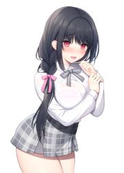 Rule 34 | 1girl, black hair, blush, bow, bowtie, bra visible through clothes, breasts, collared shirt, commentary request, grey bow, grey bowtie, grey skirt, large breasts, long hair, long sleeves, looking at viewer, miko (royal milk), open mouth, original, red eyes, school uniform, shirt, shirt tucked in, simple background, skirt, solo, uniform, white background, white shirt