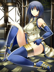 Rule 34 | 1girl, amane hitomi, bare shoulders, blue eyes, blue hair, blue thighhighs, bob cut, breasts, chinese clothes, covered erect nipples, elbow gloves, gloves, high heels, highres, large breasts, leg up, legs, long legs, looking at viewer, matching hair/eyes, original, sasana, shirt, shoes, sitting, sleeveless, solo, sweat, thighhighs, thighs, tight clothes, tight shirt
