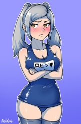 Rule 34 | 1girl, akairiot, artist name, bad id, bad tumblr id, blue background, blush, breasts, brown eyes, cleavage, crossed arms, female focus, fire emblem, fire emblem awakening, grey hair, large breasts, nintendo, one-piece swimsuit, pout, robin (female) (fire emblem), robin (fire emblem), school swimsuit, simple background, solo, super smash bros., swimsuit, thighhighs, twintails, wide hips, yellow eyes, zettai ryouiki