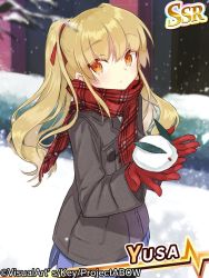 Rule 34 | 10s, 1girl, angel beats!, blonde hair, coat, gloves, long hair, miyoshino, plaid, plaid scarf, red gloves, red scarf, scarf, skirt, snow, snow rabbit, solo, toggle, twintails, yellow eyes, yusa (angel beats!)