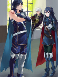 Rule 34 | 1girl, 2boys, ameno (a meno0), arm tattoo, asymmetrical clothes, bare arms, belt, blue eyes, blue hair, book, boots, breasts, brown eyes, cape, chrom (fire emblem), coat, fingerless gloves, fire emblem, fire emblem awakening, gloves, grin, hair between eyes, indoors, long hair, long sleeves, lucina (fire emblem), multiple boys, nintendo, pantyhose, reaching, reading, robin (fire emblem), robin (male) (fire emblem), short hair, sitting, small breasts, smile, standing, symbol-shaped pupils, tattoo, tiara, torn clothes, tree, white hair, window