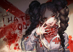 Rule 34 | 1girl, :d, :p, black nails, blank stare, blood, blood on hands, blood splatter, bracelet, braid, brown hair, clothes writing, earrings, english text, evil smile, eyebrows, glint, graffiti, head tilt, hoop earrings, jacket, jewelry, kawacy, kerchief, licking, licking finger, long hair, long sleeves, looking at viewer, nail polish, open mouth, original, parted bangs, pearl bracelet, red eyes, smile, solo, spread fingers, thick eyebrows, tongue, tongue out, twin braids, twintails, upper body, white jacket, zipper
