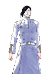 1boy arms_at_sides belt black_hair bleach bleach:_sennen_kessen-hen blue_eyes buttons clenched_hands coat commentary_request cowboy_shot double-breasted glasses highres ishida_uryuu long_sleeves looking_at_viewer male_focus military_uniform mitu_hide43 official_alternate_costume parted_lips shirt short_hair simple_background solo star_(symbol) straight-on turtleneck white_background white_belt white_coat white_shirt