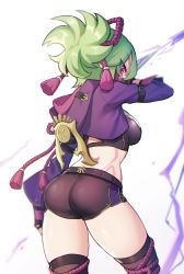 Rule 34 | 1girl, armor, artist request, ass, breasts, from behind, genshin impact, green hair, highres, kuki shinobu, large breasts, long hair, looking at viewer, looking back, mask, ninja, ponytail, purple eyes, shiny clothes, shiny skin, short shorts, shorts, sideboob, solo, thick thighs, thighhighs, thighs