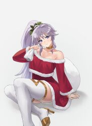 Rule 34 | 1boy, 2girls, absurdres, alternate costume, bare shoulders, black hair, boots, breasts, chibi, choker, christmas, cleavage, commentary request, commission, commissioner upload, dress, fire emblem, fire emblem: genealogy of the holy war, grey background, grey hair, head tilt, high heels, highres, ishtar (fire emblem), long hair, long sleeves, looking at viewer, medium breasts, multiple girls, nintendo, non-web source, off-shoulder dress, off shoulder, pearlbbbb, purple eyes, red dress, santa costume, side ponytail, sitting, skeb commission, smile, thigh boots, thighhighs, very long hair, white footwear, white thighhighs