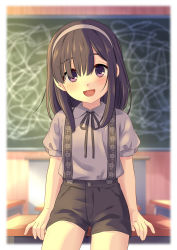 Rule 34 | 1girl, :d, black ribbon, black shorts, chalkboard, chalkboard sign, classroom, collared shirt, copyright request, grey shirt, hairband, head tilt, highres, indoors, long hair, looking at viewer, neck ribbon, open mouth, puffy short sleeves, puffy sleeves, purple eyes, ribbon, sekina, shirt, short sleeves, shorts, smile, solo, suspender shorts, suspenders, wing collar