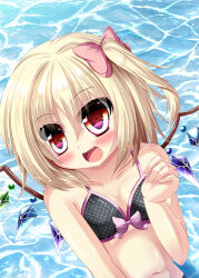 Rule 34 | 1girl, alternate costume, bare shoulders, blonde hair, blush, bow, breasts, collarbone, crystal, fang, flandre scarlet, hair between eyes, hair bow, looking at viewer, medium hair, multicolored wings, navel, no headwear, one side up, open mouth, pink bow, red eyes, small breasts, solo, swimsuit, takino yoshito, touhou, upper body, water, wings